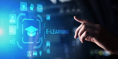 E-öğrenme, çevrimiçi eğitim, internet eğitimi. Sanal ekranda iş, teknoloji ve kişisel gelişim kavramı.