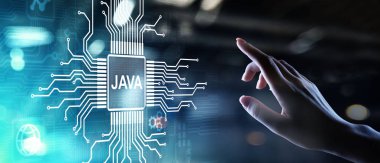 Sanal ekranda Java programlama dili uygulaması ve web geliştirme kavramı.