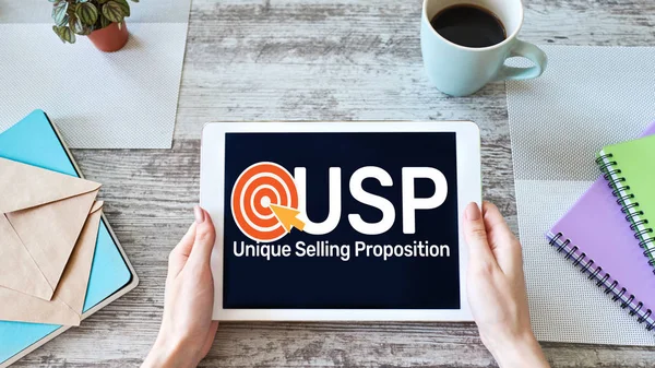 USP - Unieke verkoopvoorstellen. Bedrijfs- en financieel concept op apparaatscherm. — Stockfoto