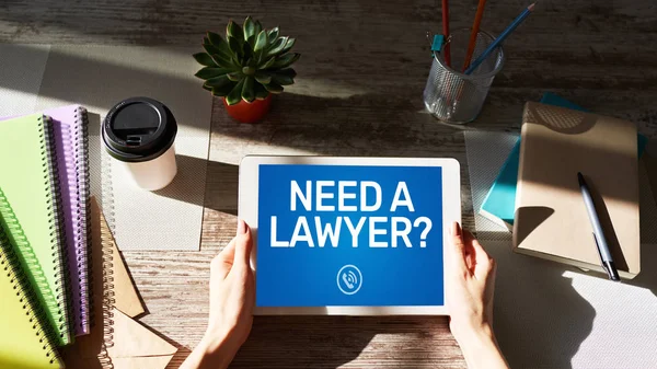 Need a lawyer Call now message on screen. Attorney at law, Legal assistance online.