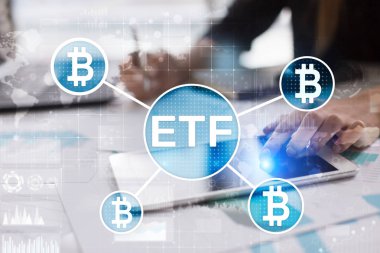 Bitcoin Etf, fon ve cryptocurrencies kavramı sanal ekran üzerinde döviz ticareti.