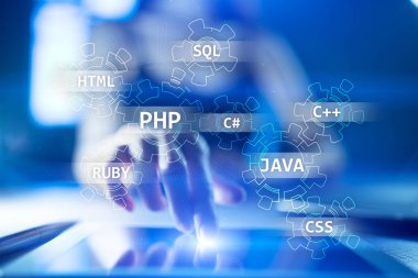 Web geliştirme araçları kavramı sanal ekran üzerinde. Programlama dili ve komut dosyaları. Php, Sql, Html, Java ve diğerleri.