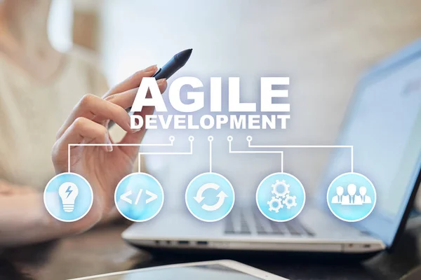 Agile development, Software and application programming concept on virtual screen.