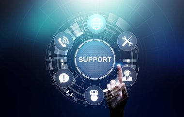 Sanal ekranda destek düğmesi. Müşteri hizmetleri ve iletişim konsepti.