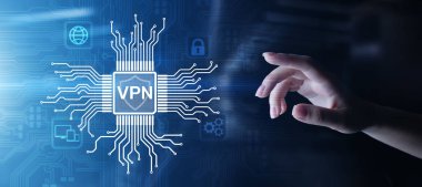 Sanal ekranda VPN sanal özel ağ internet erişimi güvenlik ssl vekil sunucu teknolojisi konsept düğmesi.
