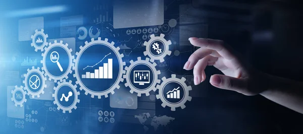 Big Data analysis, Business process analytics diagrams with gears and icons on virtual screen. — Stock Photo, Image
