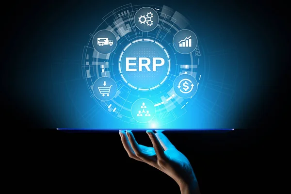 ERP -仮想画面上のエンタープライズリソース計画ビジネスと近代的な技術コンセプト. — ストック写真