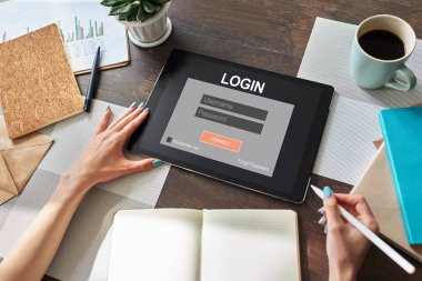 Giriş penceresi. Giriş ve parolayı girin. Siber koruma. Bilgi gizliliği. İnternet ve teknoloji kavramı.