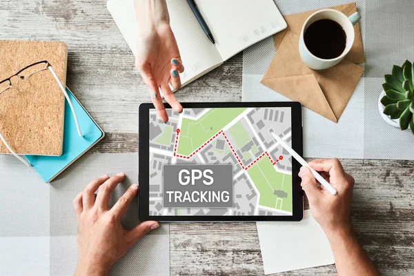 GPS Global positioning system tracking map on device screen.