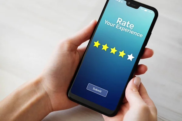 Rate your experience customer satisfaction review Five Stars on mobile phone screen. Business technology concept. — Stock Photo, Image