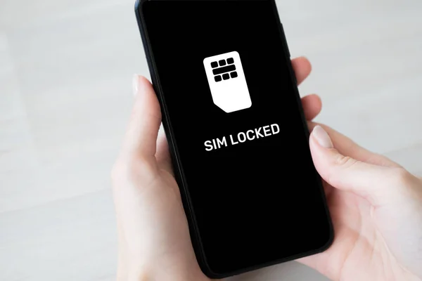 SIM locked message on mobile phone screen. Communication concept.