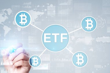 Bitcoin Etf, fon ve cryptocurrencies kavramı sanal ekran üzerinde döviz ticareti.