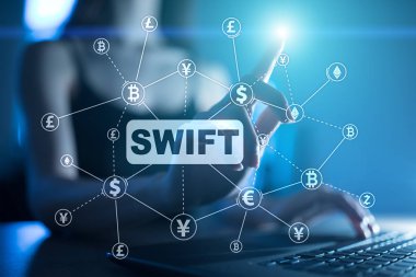 Swift, toplum için dünya çapında Interbank mali telekomünikasyon, online ödeme ve mali yönetmelik kavramı.