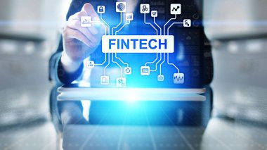 Fintech Finans Teknolojisi Kripto para birimi yatırımı ve dijital para. Sanal ekranda iş kavramı.