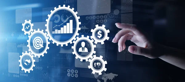 Business process management, automation workflow, document validation, connected gear cogs with icons, technology concept. — Stock Photo, Image
