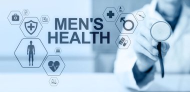 Erkek Sağlığı afişi, sağlık ve sağlık hizmetleri konsepti ekranda. Steteskoplu doktor..