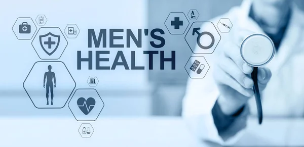 Mens Health banner, medical and health care concept on screen. Doctor with stethoscope. — Stock Photo, Image