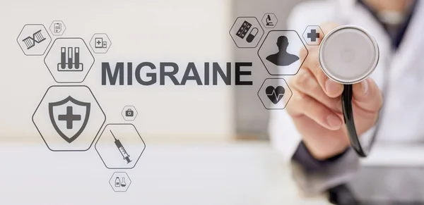 Migraine hoofdpijn hoofd pijn ziekten simptome medicatie medische gezondheidszorg concept banner. — Stockfoto