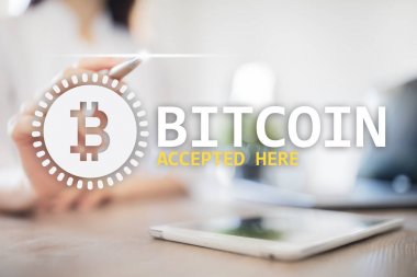 Bitcoin burada metin ve sanal ekran logosuna kabul. Online ödeme ve cryptocurrency kavramı.