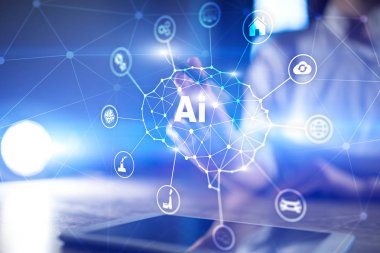 AI - yapay zeka, akıllı teknoloji ve yenilik sanayi iş ve yaşam konsepti üzerine sanal ekran içinde.