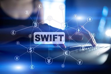 Swift, toplum için dünya çapında Interbank mali telekomünikasyon, online ödeme ve mali yönetmelik kavramı.