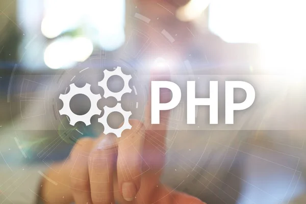 PHP, Web ανάπτυξη έννοια στην εικονική οθόνη. — Φωτογραφία Αρχείου