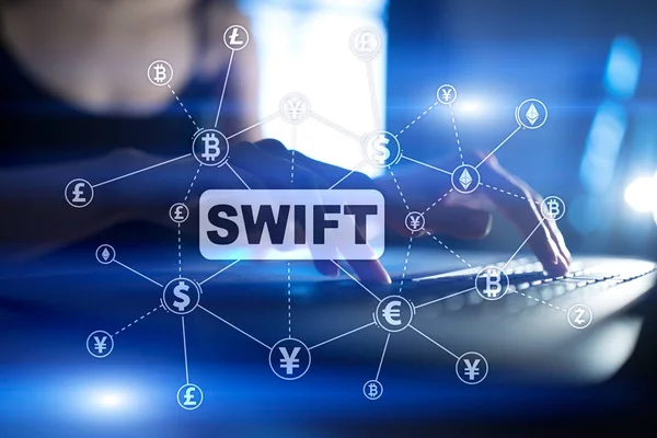 SWIFT, Society for Worldwide Interbank Financial Telecommunications, online payment and financial regulation concept. — Stock Photo, Image