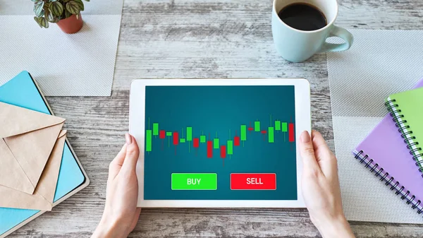 Online Trading Currency Forex Stock Market concept on screen with Economic graphs Candle chart and SELL and BUY button. — 스톡 사진