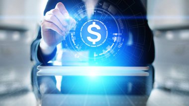 Sanal ekranda dolar simgeleri. Para birimleri Forex ticaret ve finans piyasası kavramı. Dijital bankacılık ve büyüme.