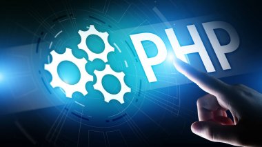 PHP Web Geliştirme ve sanal ekranda internet ve teknoloji kodlama kavramı.