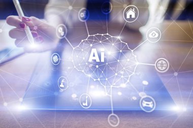 AI - yapay zeka, akıllı teknoloji ve yenilik sanayi iş ve yaşam konsepti üzerine sanal ekran içinde.