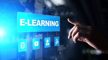 E-öğrenme, çevrimiçi eğitim, internet eğitimi. Sanal ekranda iş, teknoloji ve kişisel gelişim kavramı