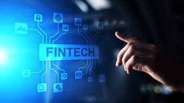 Fintech Finans Teknolojisi Kripto para birimi yatırımı ve dijital para. Sanal ekranda iş kavramı.