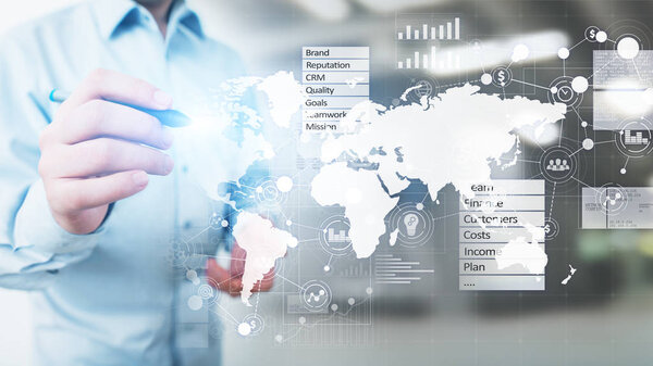 Business and marketing strategy dashboard, Data analysis control panel on virtual screen.