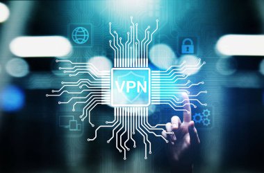 Sanal ekranda VPN sanal özel ağ internet erişimi güvenlik ssl vekil sunucu teknolojisi konsept düğmesi.