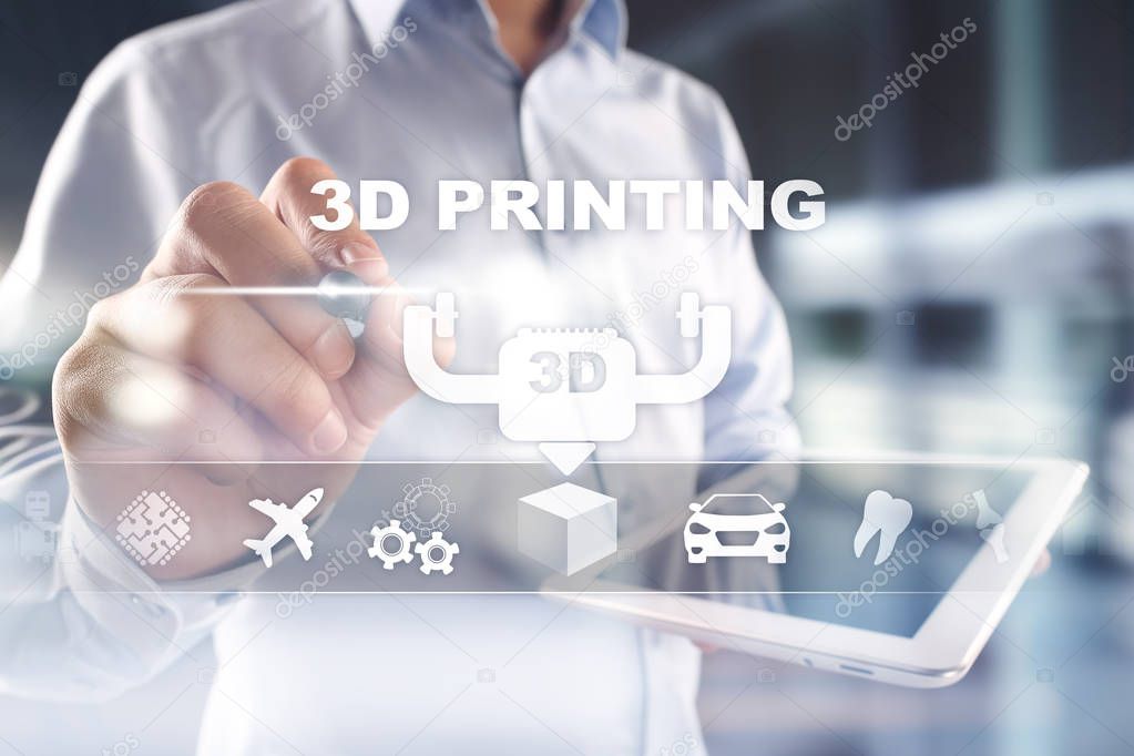 3D printing concept on virtual screen. Modern technology and innovations.