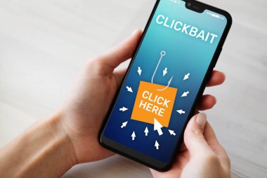 Clickbait, reklam, cep telefonu ekran spam simgeler. Internet ve iş kavramı.
