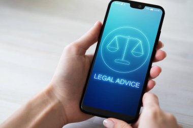 Cep telefonu ekran simgeleri yasal tavsiye. Avukat hukuk, Danışma, supprot. İş kavramı.