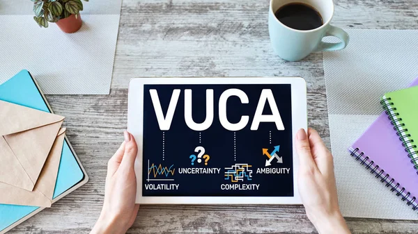 VUCA世界的概念在屏幕上。挥发性、不确定性、复杂性、模糊性. — 图库照片