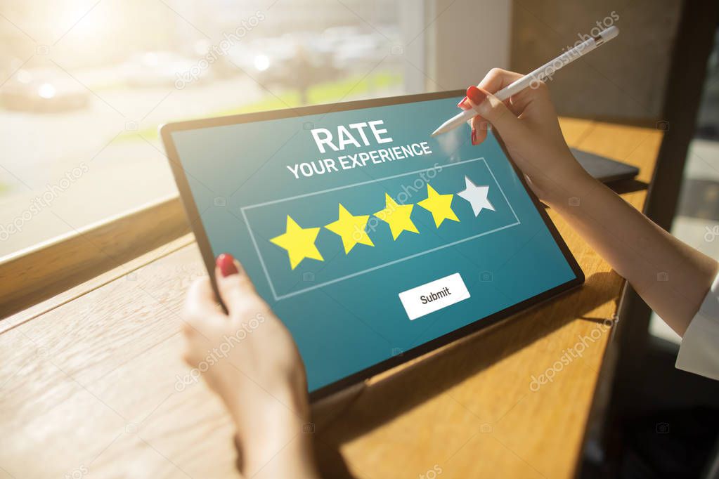 Rate customer experience review. Service and Customer satisfaction. Five Stars rating. Business internet and technology concept.