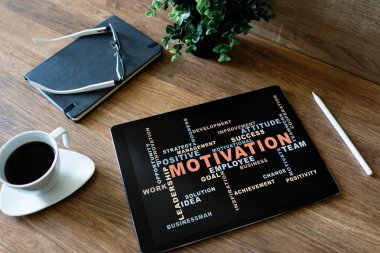 Aygıt ekranında motivasyon sözcükleri bulutu.