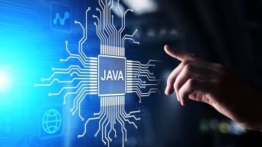 Sanal ekranda Java programlama dili uygulaması ve web geliştirme kavramı.