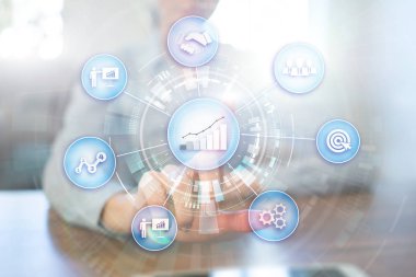 İş kavramı sanal ekran arka plan üzerinde işlem ve strateji. Yenilik ve finansal büyüme için çözümler.