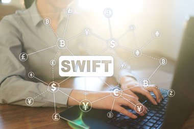 Swift, toplum için dünya çapında Interbank mali telekomünikasyon, online ödeme ve mali yönetmelik kavramı.