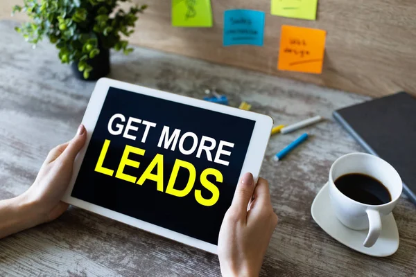 Get more leads banner. Digital marketing and sales increase concept on device screen.
