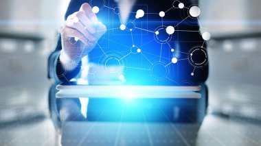 Organizasyon yapı ağı, sanal ekranda kurumsal ilişkiler. İş, Finans ve Teknoloji Konsepti.