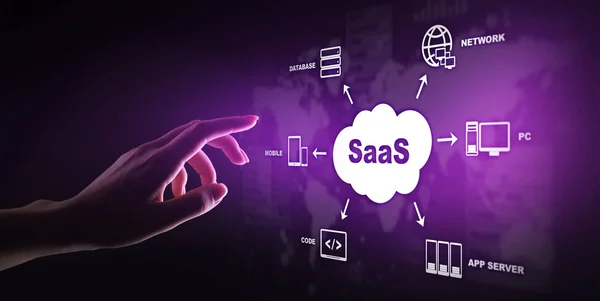 SaaS - programvara som en tjänst, på efterfrågan. Internet och teknik koncept på virtuella skärmen. — Stockfoto