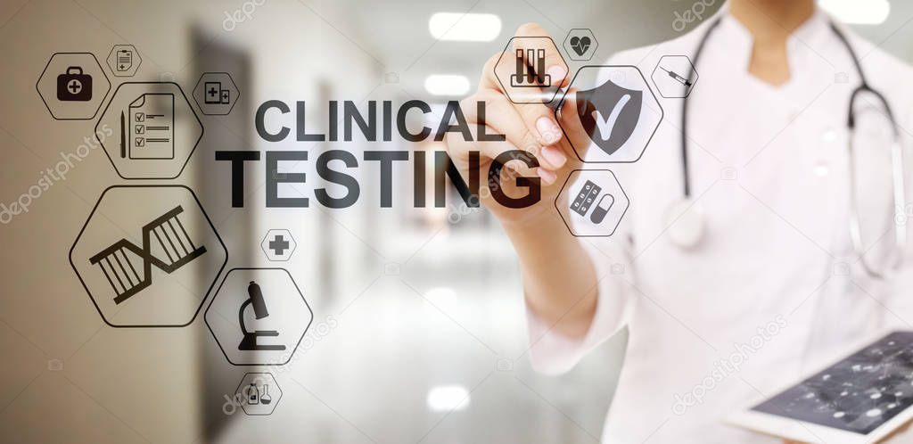 Clinical testing research, Pharmacy and Medicine concept on screen.