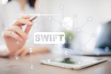 Swift, toplum için dünya çapında Interbank mali telekomünikasyon, online ödeme ve mali yönetmelik kavramı.