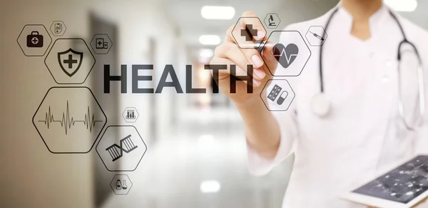 Health Medical Healthcare Medicine concept on screen. Doctor with stethoscope. — Stock Photo, Image